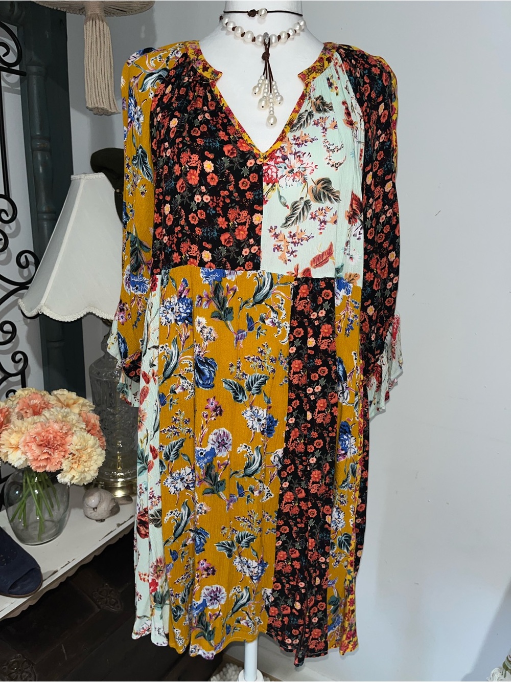 Bohemian Floral Patchwork Midi Dress in Mustard & Black